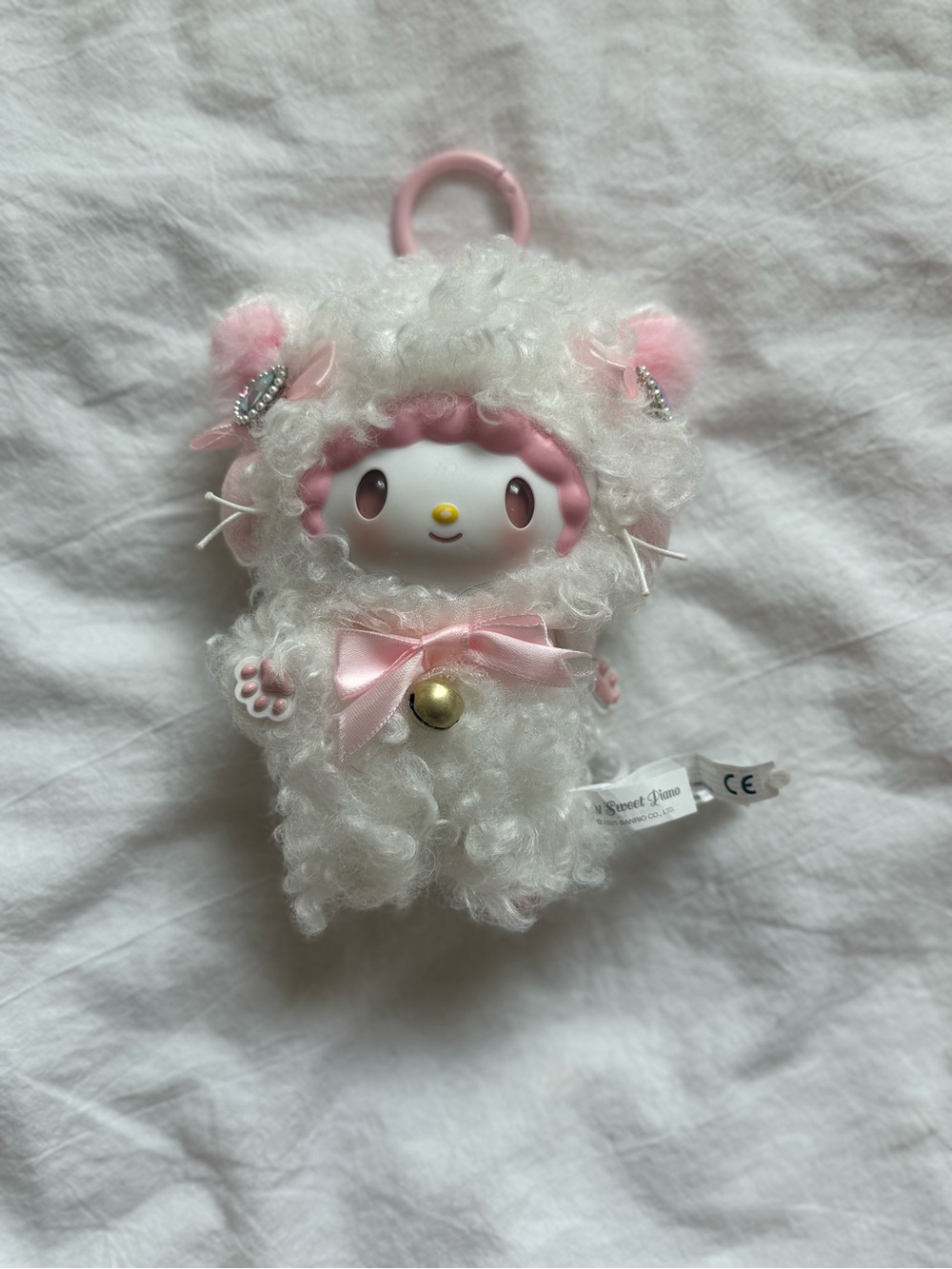 Cute White & Pink Plush Keychain Charm for Kids